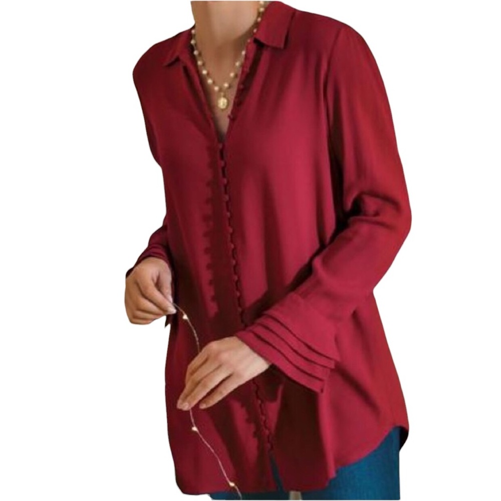 SOFT SURROUNDINGS Poet Sleeve Moroccan Red Button Down Tunic Blouse Top Shirt 2X